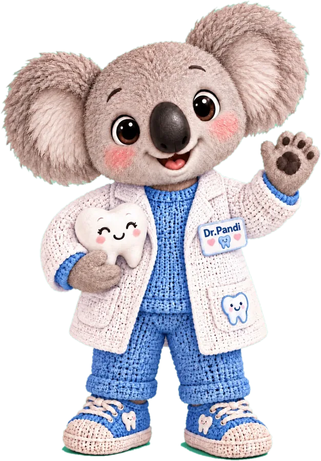 Dr Pandi, a grey koala in a white knitted dentist coat, waving and hugging a smiling tooth